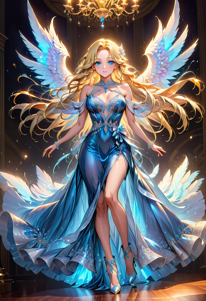 Arafed, uma foto de um anjo feminino em um evento de baile da alta sociedade, divino lindo anjo feminino, cabelo loiro, cabelo longo, Cabelo esvoaçante, o cabelo brilha com uma luz suave, olhos cerúleo, olhos claros e profundos, rosto lindo divino, asas de penas brancas dobradas, ela usa um vestido de noite, elegante, ((vestido colorido dinâmico: 1.3)), vestido detalhado e intricado, Vestido de seda, she wears elegante high heeled boots, botas de salto alto requintadas, fundo de sala de baile da alta sociedade, ((Ângulo Dinâmico: 1.5) , luz suave da tocha, (obra de arte: 1.5), 16k, alta resolução, melhor qualidade, detalhes altos, ultra detalhado, obra de arte, melhor qualidade, (extremamente detalhado), Estilo Anjo, GlowingRunesAI_azul pálido