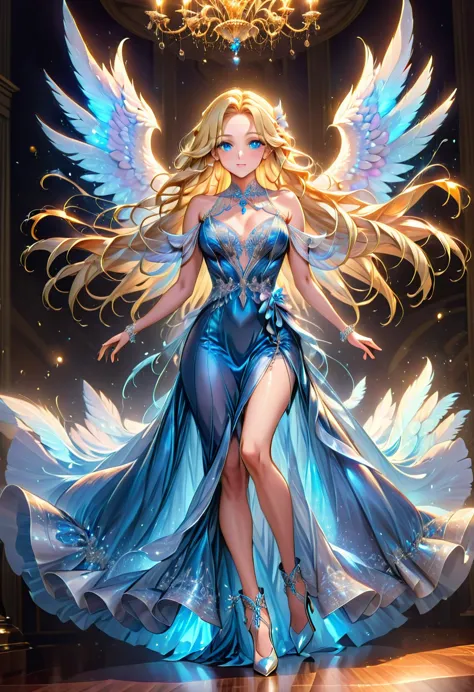 Arafed, a picture of a female angel in high society prom event, divine beautiful female angel, blond hair, long hair, flowing ha...