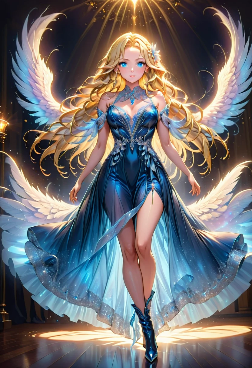 Arafed, a picture of a female angel in high society prom event, divine beautiful female angel, blond hair, long hair, flowing hair, the hair glows in a soft light, cerulean eyes, deep light eyes, divine beautiful face, folded white feather wings, she wears an evening dress, elegant, ((dynamic colored dress: 1.3)), intricate detailed dress, silk dress, she wears elegant high heeled boots, exquisite high heeled boots, high society prom room background, ((dynamic angle: 1.5) , soft torch light, (Masterpiece: 1.5), 16k, highres, best quality, high details, ultra detailed, masterpiece, best quality, (extremely detailed), AngelStyle, GlowingRunesAI_paleblue