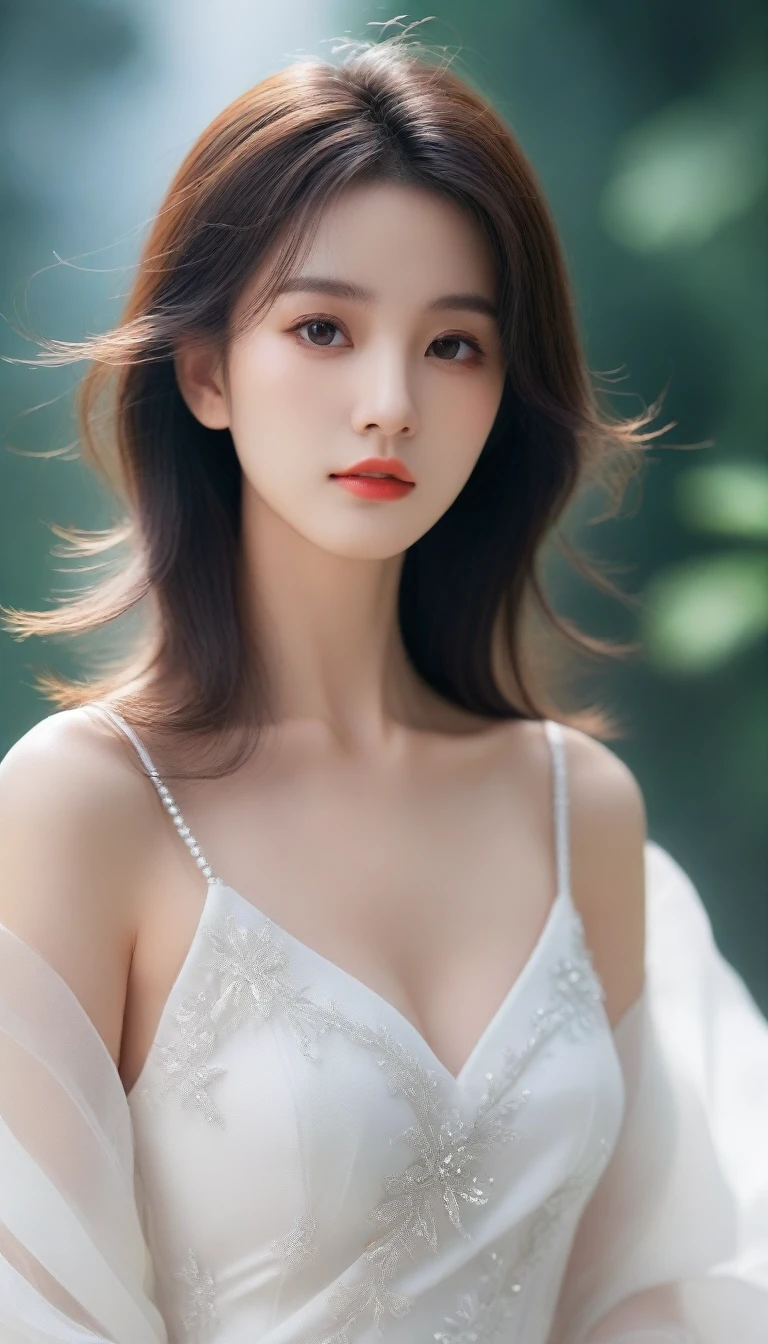 Close-up of a long-haired woman in a white dress, Soft portrait shots 8 k, artwork in the style of Gu Weiss, Gu Weiss, Beautiful face, Practical. cheng yi, Cute and delicate face, Long hair and sharp eyes, beautiful Practical face, Extremely beautiful face, inspired by Yanjun Cheng, Stunning anime face portraits