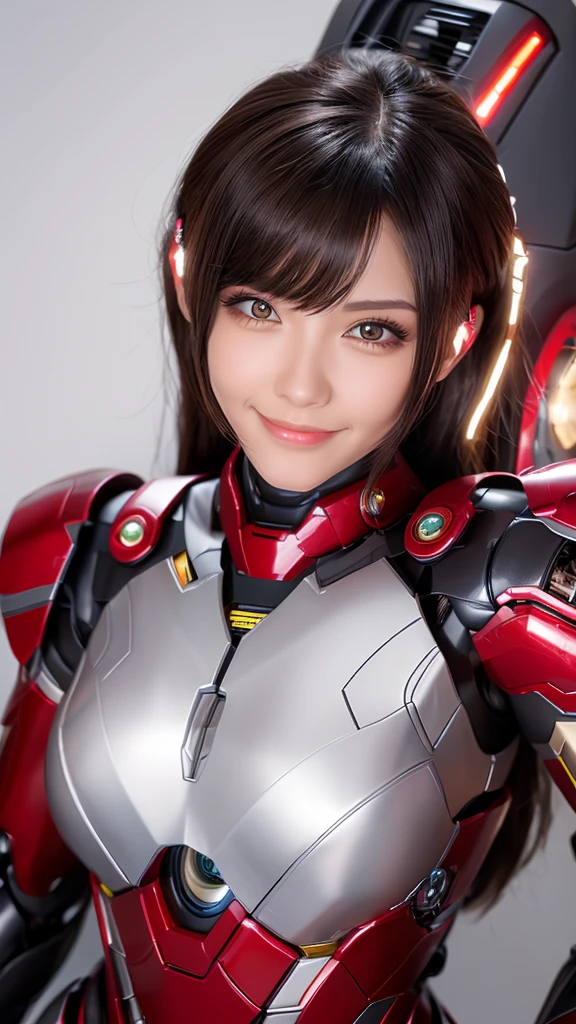 Textured skin, Super Detail, high details, High quality, Best Quality, hight resolution, 1080p, hard disk, Beautiful,(Iron Girl),Beautiful Smile,beautiful cyborg woman,Mecha Cyborg Girl,Battle Mode,Girl with a Mecha Body,She wears an Iron Man mech,powerful cyborg woman,