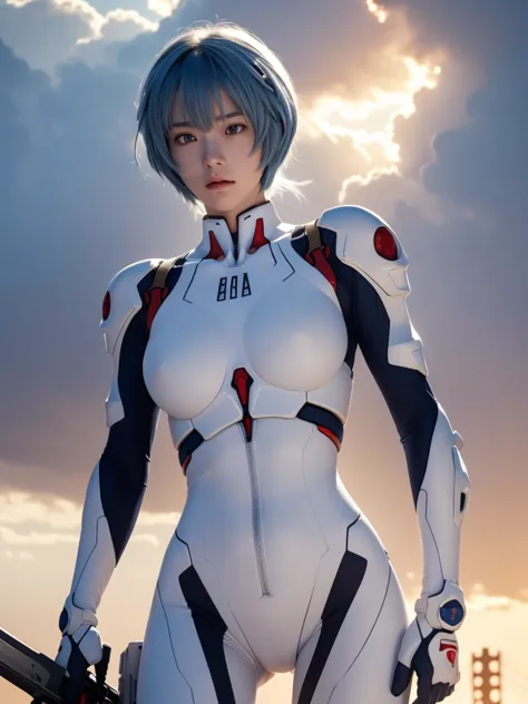 Rei Ayanami, recognized by her short blue hair and red eyes, stands in a city landscape under the soft glow of the sun filtered ...