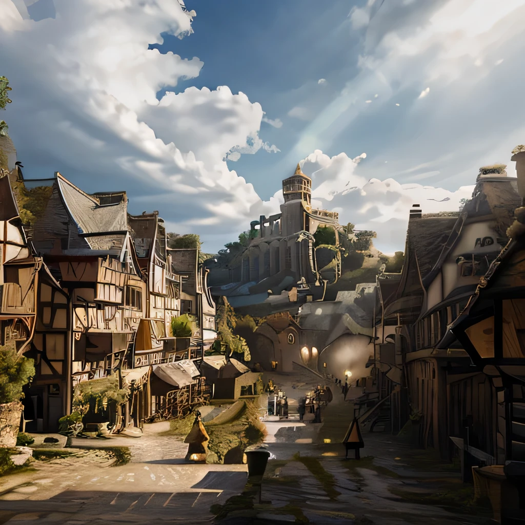 Inside a kingdom, village within a wall, morning blue sky, huge clouds, palace in the  distance, Kingdom, streets with stalls, tower's, medieval 