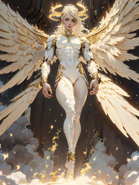(cara delevingne), ((((((1 muscular angel girl)))))), (((huge upper body))), long hair, ((((huge angelic wings))), (((pale skin)...