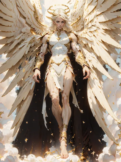 (cara delevingne), ((((((1 muscular angel girl)))))), (((huge upper body))), long hair, ((((huge angelic wings))), (((pale skin)...