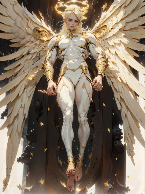 (cara delevingne), ((((((1 muscular angel girl)))))), (((huge upper body))), long hair, ((((huge angelic wings))), (((pale skin)...