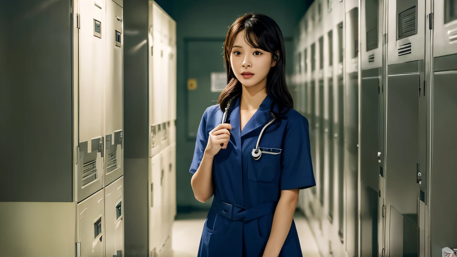 ((Best quality, 8k, Masterpiece :1.3)), A single figure, Ji-eun, a Korean nurse with black hair neatly held back by a coque, is concluding her shift at a contemporary Seoul hospital. Inside a locker room, she is changing clothes, displaying a weary yet satisfied expression. The ambiance is illuminated by fluorescent lights, and lockers along with a wooden bench can be seen in the background.

((Lifelike, high resolution: 1.3)), Ji-eun, a young Korean nurse, is shown exchanging her work attire in a locker room after her shift. Her face and eyes are flawlessly detailed,