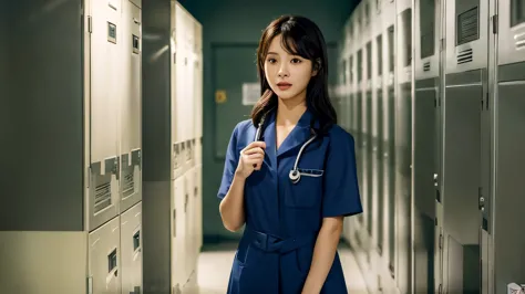((Best quality, 8k, Masterpiece :1.3)), A single figure, Ji-eun, a Korean nurse with black hair neatly held back by a coque, is ...