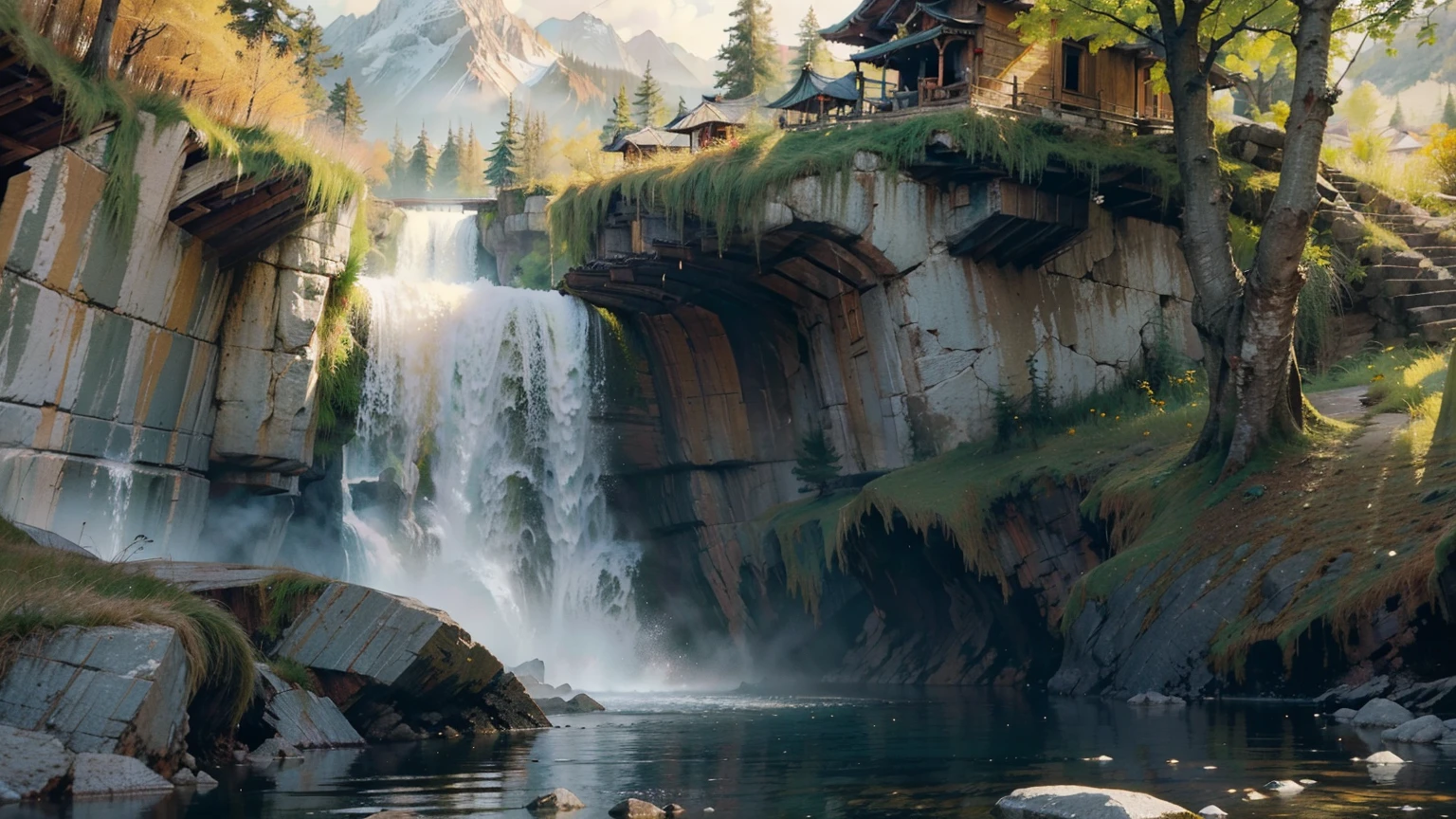 a magnificent ancient chinese architecture, lush green trees, majestic mountains, flowing rivers, golden sunlight, cascading waterfalls, vibrant blooming flowers, elegant immortal fairy, fantasy online game character, (best quality,4k,8k,highres,masterpiece:1.2),ultra-detailed,(realistic,photorealistic,photo-realistic:1.37),3D render,vibrant colors,cinematic lighting,dramatic composition,sweeping landscape,intricate details,mystical atmosphere