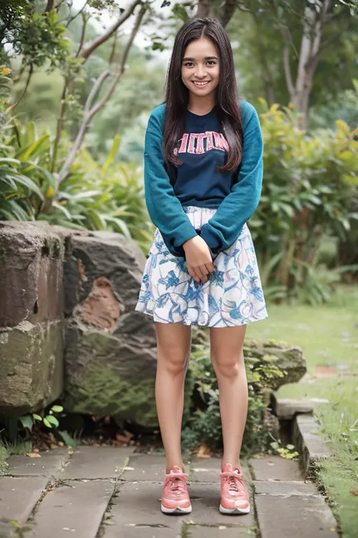 a teen girl with indonesia face, approximately 16 years old. the girl can be seen in the process of peeing. standing. wet patch....