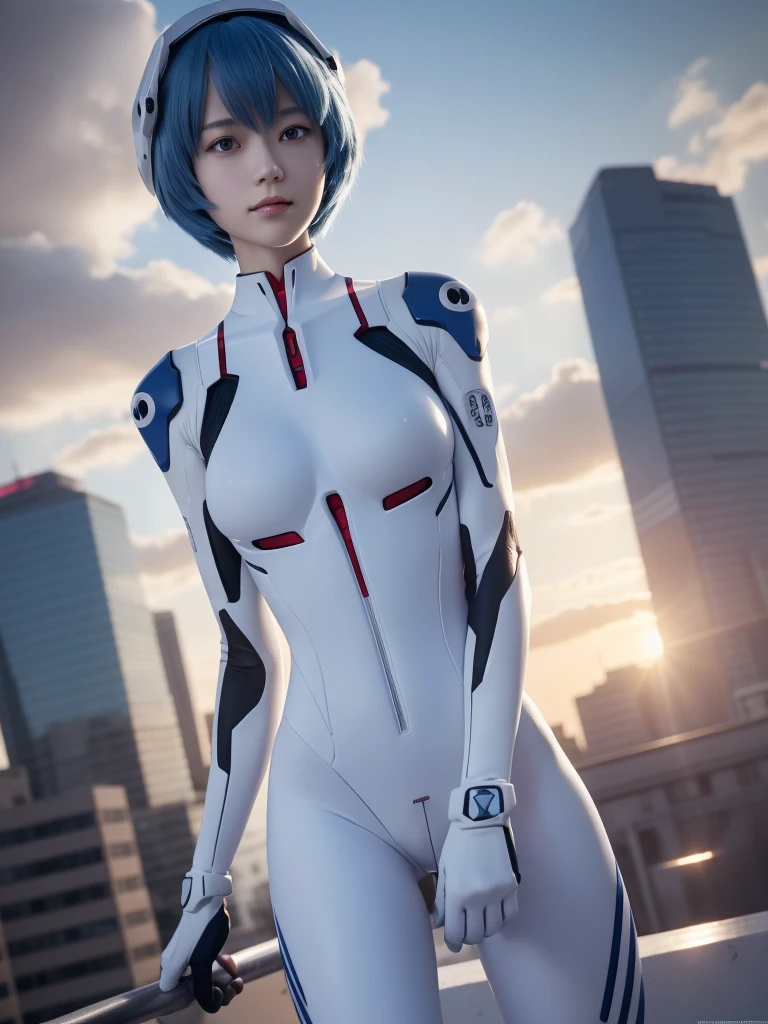 Rei Ayanami, recognized by her short blue hair and red eyes, stands in a city landscape under the soft glow of the sun filtered through clouds. She breaks the fourth wall, posing in a Cowboy Shot, her hands perfectly portrayed in a highly detailed CG. Her Plug Suit, a white bodysuit, is intricately designed and beautifully detailed, showcasing anatomical perfection. The suit, though broken, retains its pristine quality, making for an 8K wallpaper of unparalleled beauty and attention to detail, featuring Rei Ayanami's highly detailed face under perfect lighting. Her headgear adds an air of mystery to this, (Photorealistic:1.4), Japanese, (Beautiful:1.1), (One Woman:1.5),smile：1.5