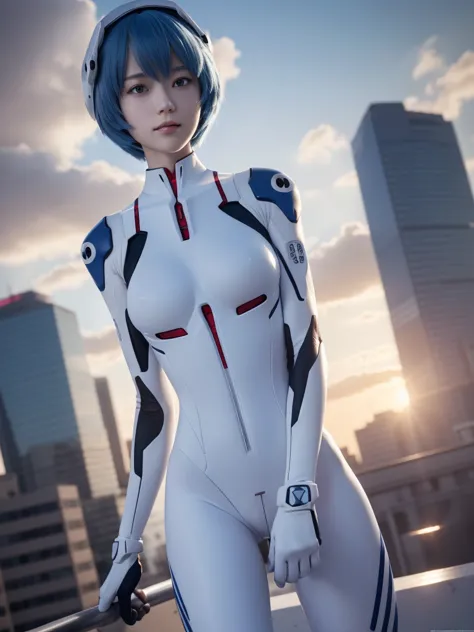 Rei Ayanami, recognized by her short blue hair and red eyes, stands in a city landscape under the soft glow of the sun filtered ...