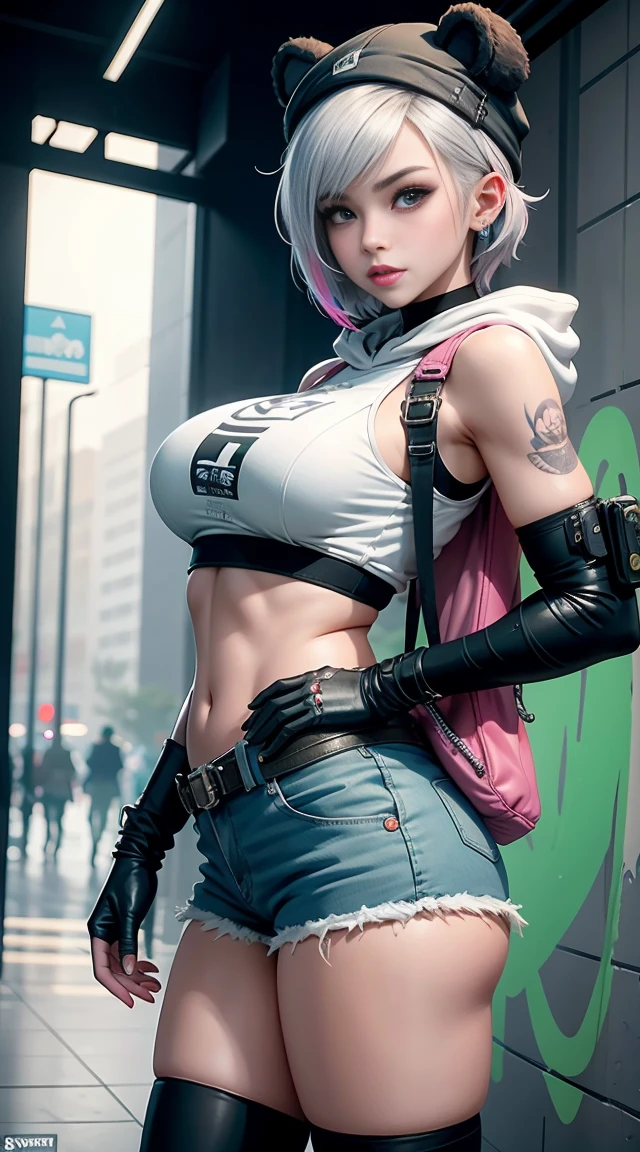 SFW, Gwen Tennyson,Tracer,Yoha 2B,Yashtola Rul,Overwatch,NieR Automata,Mech pilot,shopping center,Tattoo,Orange and pink plug set,White short-sleeved top,Denim shorts,Fishnet garters, Exposing the belly,short hair,Cute makeup,Green Eyes,Colorful silver hair,Sexy smile,freckle,beautiful girl,Large Breasts,8K,Extremely detailed, Practical,Fantasy Art,skater,Ear piercing,Cyberpunk suit,Saiyan girl, Saiyan female,Pink Short Sleeve Sport Hoodie,Bear Ear Hat,Graffiti Wall Art,walk,Small backpack, Wear,((Thin waist)), Young Asian Girl, ((Big breasts)), monochrome background, full-body shot