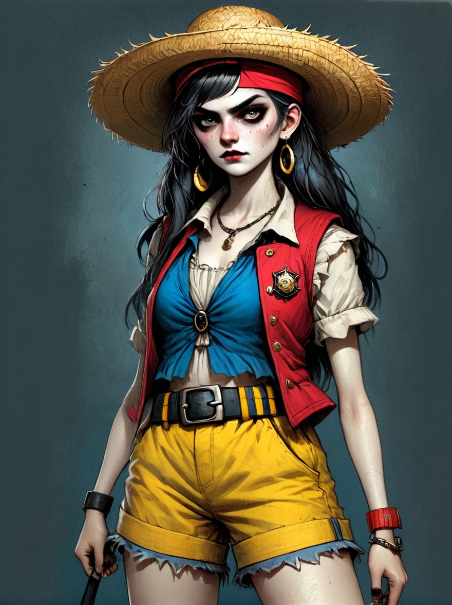 (whole body:1.3), 1 female captain, Wearing a straw hat, Dark Circle Patch, Rich expression, gloomy, Gothic, illustration, Red vest, Blue shorts, Yellow belt, Black sandals, Strange, exaggerated, Dark theme elements, Pencil Sketch