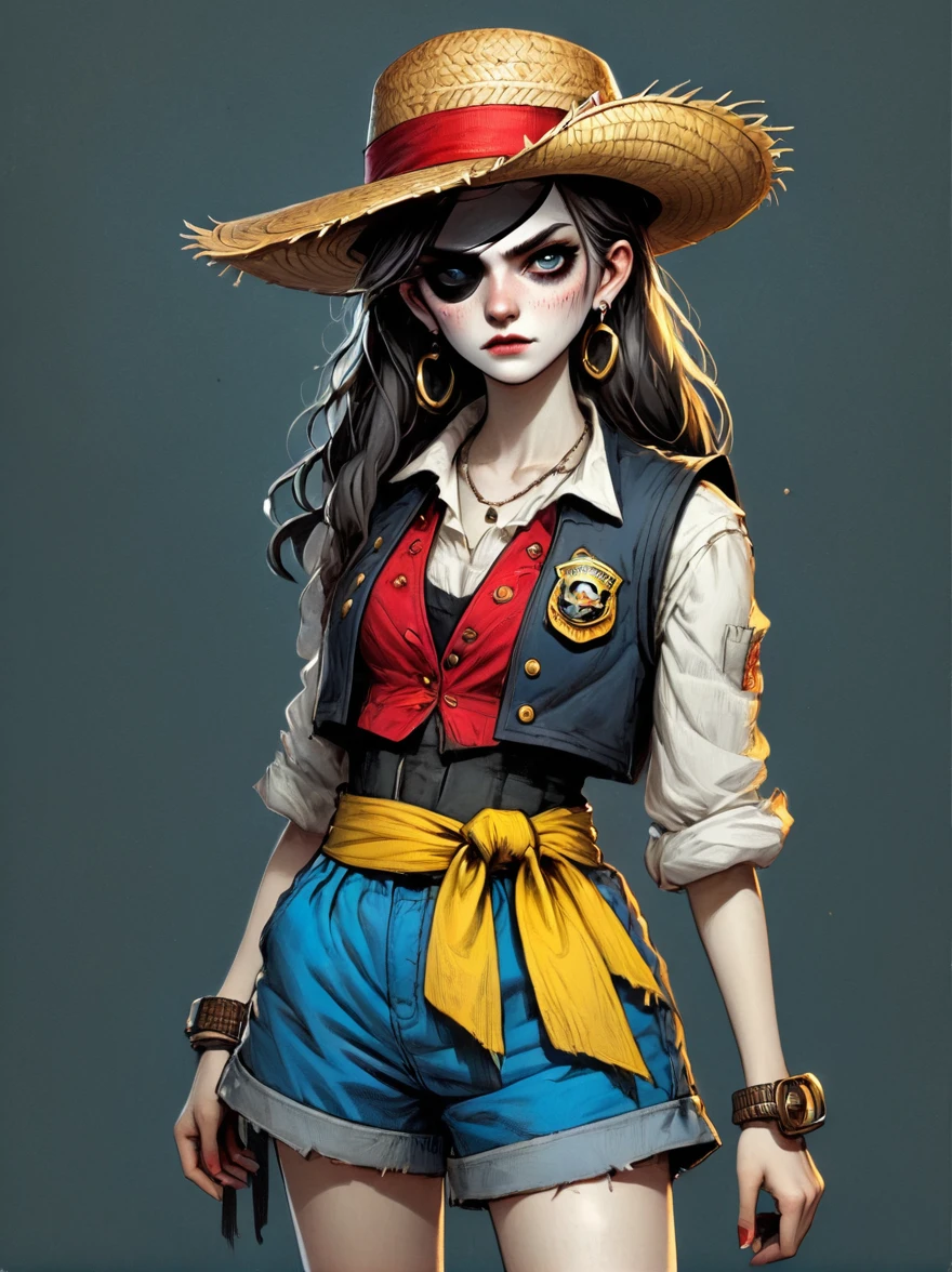 (whole body:1.3), 1 female captain, Wearing a straw hat, Dark Circle Patch, Rich expression, gloomy, Gothic, illustration, Red vest, Blue shorts, Yellow belt, Black sandals, Strange, exaggerated, Dark theme elements, Pencil Sketch