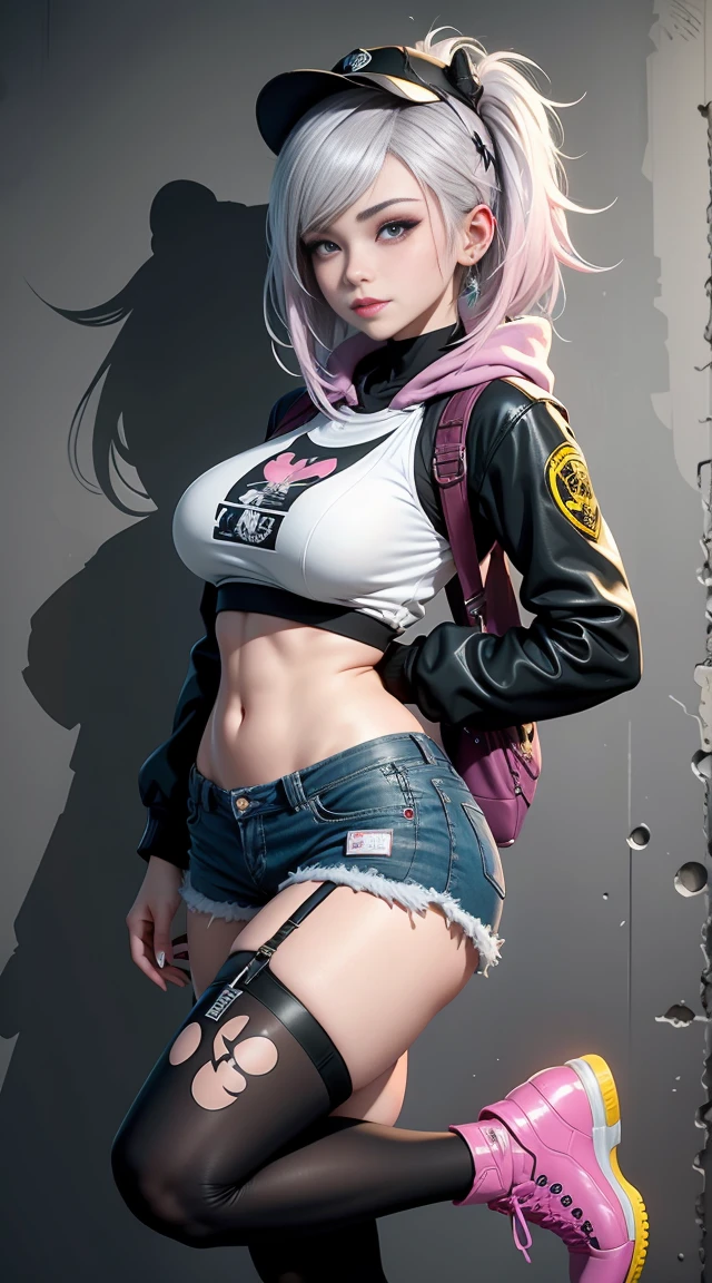 whole body, Ankle boots, SFW, Gwen Tennyson,Tracer,Yoha 2B,Yashtola Rul,Overwatch,NieR Automata,Mech pilot,shopping center,Tattoo,Orange and pink plug set,White short-sleeved top,Denim shorts,Fishnet garters, Exposing the belly,short hair,Cute makeup,Green Eyes,Colorful silver hair,Sexy smile,freckle,beautiful girl,Large Breasts,8K,Extremely detailed, Practical,Fantasy Art,skater,Ear piercing,Cyberpunk suit,Saiyan girl, Saiyan female,Pink Short Sleeve Sport Hoodie,Bear Ear Hat,Graffiti Wall Art,walk,Small backpack, Wear,((Thin waist)), Young Asian Girl, ((Big breasts)), monochrome background, whole body照