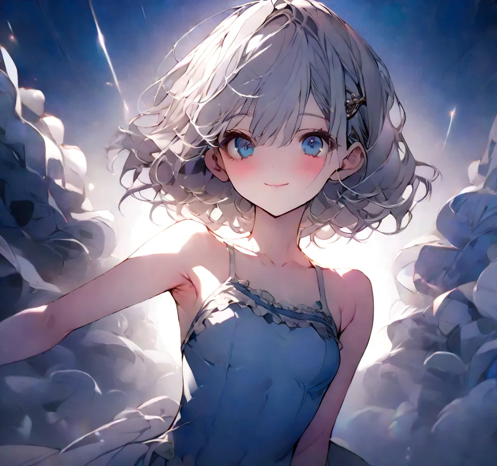 beautiful, masterpiece, Highest quality, anime, One girl, C Cup,Portrait Shot, View your viewers, Intricate details,>,((Covered、Short Hair、nearby、Blue Eyes、art、White hair,Blue streaked hair、wallpaper、silk_White Knee Highs、hairpin、smile、Thighs、Armpit、silk_W...