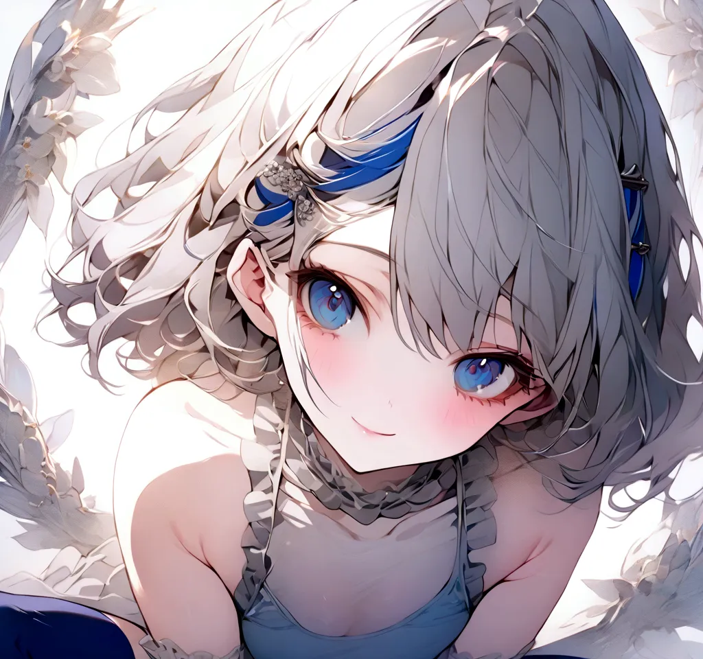 beautiful, masterpiece, Highest quality, anime, One girl, C Cup,Portrait Shot, View your viewers, Intricate details,>,((Covered、Short Hair、nearby、Blue Eyes、art、White hair,Blue streaked hair、wallpaper、silk_White Knee Highs、hairpin、smile、Thighs、Armpit、silk_W...