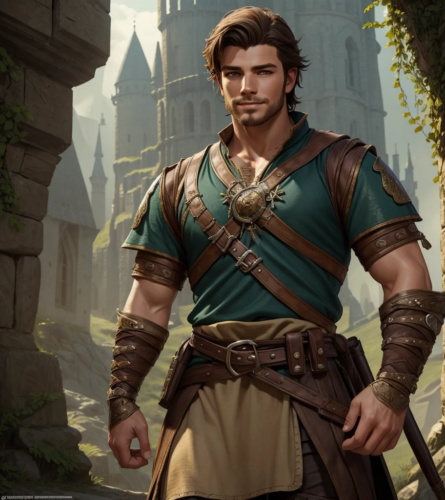 (((Solo character image.))) (((Generate a single character image.)))  (((Dressed in medieval fantasy attire.)))  (((Dressed in medieval fantasy attire.))) Cute guy. Hot guy.   (((Dressed in medieval fantasy attire.))) (((Looks like Diogo Montenegro.)))  Looks like a fun-loving and heroic male adventurer for Dungeons & Dragons. Looks like a very attractive male adventurer for a high fantasy setting. Looks like a hot boyfriend. Looks like a handsome and rugged male adventurer for Dungeons & Dragons. Looks like a handsome male for a medieval fantasy setting. Looks like a Dungeons & Dragons adventurer, very cool and masculine hair style, black clothing, handsome, charming smile, adventurer, athletic build, excellent physique, confident, gorgeous face, gorgeous body,  detailed and intricate, fantasy setting,fantasy art, dungeons & dragons, fantasy adventurer, fantasy NPC, attractive male in his mid 20's, ultra detailed, epic masterpiece, ultra detailed, intricate details, digital art, unreal engine, 8k, ultra HD, centered image award winning, fantasy art concept, digital art, centered image, flirting with viewer, best quality:1.0,hyperealistic:1.0,photorealistic:1.0,madly detailed CG unity 8k wallpaper:1.0,masterpiece:1.3,madly detailed photo:1.2, hyper-realistic lifelike texture:1.4, picture-perfect:1.0,8k, HQ,best quality:1.0,