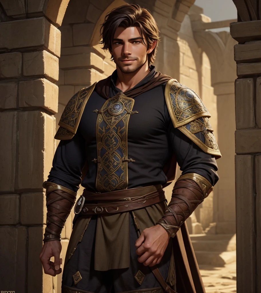 (((Solo character image.))) (((Generate a single character image.)))  (((Dressed in medieval fantasy attire.)))  (((Dressed in medieval fantasy attire.))) Cute guy. Hot guy.   (((Dressed in medieval fantasy attire.))) (((Has Italian and Greek ethnic features.)))  (((Bodybuilder physique.))) Looks like a fun-loving and heroic male adventurer for Dungeons & Dragons. Looks like a very attractive male adventurer for a high fantasy setting. Looks like a hot boyfriend. Looks like a handsome and rugged male adventurer for Dungeons & Dragons. Looks like a handsome male for a medieval fantasy setting. Looks like a Dungeons & Dragons adventurer, very cool and masculine hair style, black clothing, handsome, charming smile, adventurer, athletic build, excellent physique, confident, gorgeous face, gorgeous body,  detailed and intricate, fantasy setting,fantasy art, dungeons & dragons, fantasy adventurer, fantasy NPC, attractive male in his mid 20's, ultra detailed, epic masterpiece, ultra detailed, intricate details, digital art, unreal engine, 8k, ultra HD, centered image award winning, fantasy art concept, digital art, centered image, flirting with viewer, best quality:1.0,hyperealistic:1.0,photorealistic:1.0,madly detailed CG unity 8k wallpaper:1.0,masterpiece:1.3,madly detailed photo:1.2, hyper-realistic lifelike texture:1.4, picture-perfect:1.0,8k, HQ,best quality:1.0,