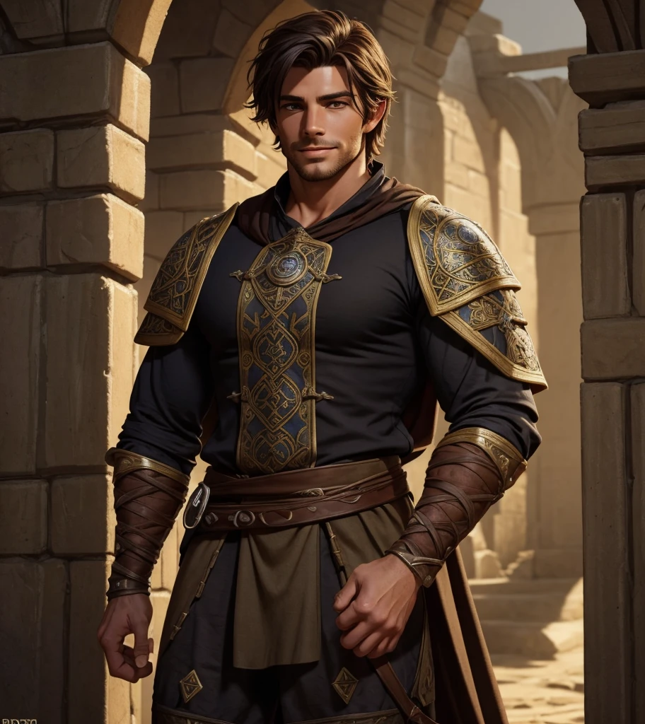 (((Imagen de personaje solista.))) (((Generar una imagen de un solo personaje.)))  (((Vestida con traje de fantasía medieval..)))  (((Vestida con traje de fantasía medieval..))) chico guapo. chico guapo.   (((Vestida con traje de fantasía medieval..))) (((Tiene rasgos étnicos italianos y griegos..)))  (((físico culturista.))) Looks like a fun-loving and heroic male aventurero for Dungeons & dragones. Looks like a very attractive male aventurero for a high escenario de fantasía. Parece un novio sexy. Looks like a elegante and rugged male aventurero for Dungeons & dragones. Looks like a elegante male for a medieval escenario de fantasía. Parece una mazmorra & dragones aventurero, peinado muy fresco y masculino, ropa negra, elegante, sonrisa encantandora, aventurero, Complexión atletica, excelente físico, seguro, hermosa cara, hermoso cuerpo,  detallado e intrincado, escenario de fantasía,arte de fantasía, Mazmorras & dragones, fantasy aventurero, PNJ de fantasía, hombre atractivo de unos 20 años, Ultra detallado, epic Obra maestra, Ultra detallado, detalles intrincados, arte digital, Motor irreal, 8k, ultra alta definición, Imagen centrada award winning, arte de fantasía concept, arte digital, Imagen centrada, coqueteando con el espectador, mejor calidad:1.0,hiperrealista:1.0,Fotorrealista:1.0,Fondo de pantalla CG unity 8k increíblemente detallado:1.0,Obra maestra:1.3,Foto increíblemente detallada:1.2, textura realista hiperrealista:1.4, imagen perfecta:1.0,8k, sede,mejor calidad:1.0,