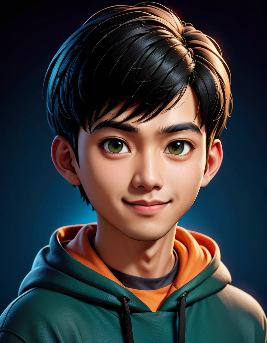 Create a cartoonish caricature 3D animation of a big-headed. a 19 year old Indonesian man. She has short black pixie cut hair. His face is oval with smooth lines, thick and neat black eyebrows, normal eyes, a small, sharp nose, and thin lips with a wide, friendly smile. He wore a dark green hoodie over an orange t-shirt. Gradient blue background with professional lighting. masterpiece, top quality, highly detailed skin and face, ultra-realistic, high definition, studio lighting, sharp focus, 2/3 body angle, Concept Art.