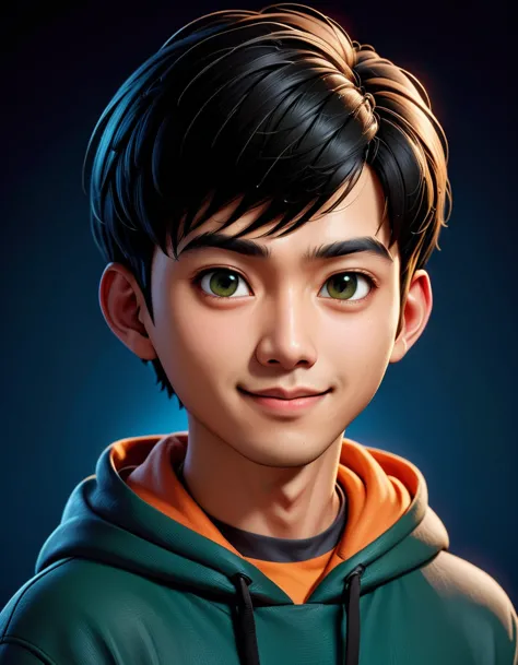 Create a cartoonish caricature 3D animation of a big-headed. a 19 year old Indonesian man. She has short black pixie cut hair. H...