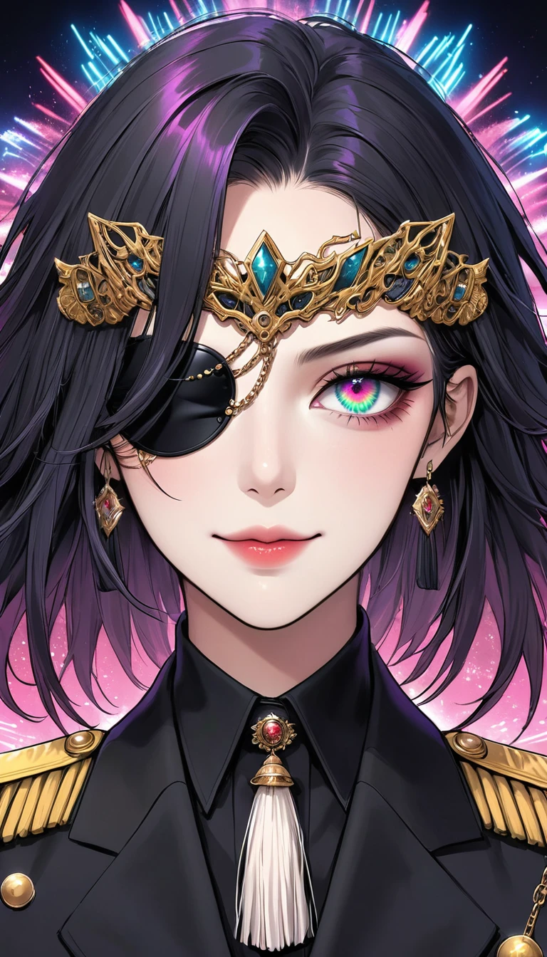 (Digital Illustration，Detailed anime style，Heavy Metal Cyberpunk，Pearl tassel eye mask，Girl wearing an eye patch，Queen aura，Solitary，symmetry)，(Big colorful eyes，Fashionable and exquisite facial features，Exquisite makeup，Smooth skin，Smile，Soulful gaze，)，(Hair Bunch)，(Black suit，Epaulettes-Chain，cool，)，(((Correct human anatomy)))，Radioactive geometric dynamic light wave background，Top fireworks