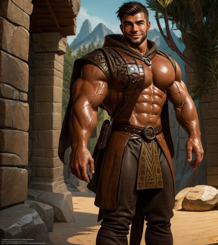 (((Solo character image.))) (((Generate a single character image.)))  (((Dressed in medieval fantasy attire.)))  (((Dressed in medieval fantasy attire.))) Cute guy. Hot guy.   (((Dressed in medieval fantasy attire.))) (((Has Italian and Greek ethnic features.)))  (((Bodybuilder physique.))) (((Strong baramanga influence.))) Looks like a fun-loving and heroic male adventurer for Dungeons & Dragons. Looks like a very attractive male adventurer for a high fantasy setting. Looks like a hot boyfriend. Looks like a handsome and rugged male adventurer for Dungeons & Dragons. Looks like a handsome male for a medieval fantasy setting. Looks like a Dungeons & Dragons adventurer, very cool and masculine hair style, black clothing, handsome, charming smile, adventurer, athletic build, excellent physique, confident, gorgeous face, gorgeous body,  detailed and intricate, fantasy setting,fantasy art, dungeons & dragons, fantasy adventurer, fantasy NPC, attractive male in his mid 20's, ultra detailed, epic masterpiece, ultra detailed, intricate details, digital art, unreal engine, 8k, ultra HD, centered image award winning, fantasy art concept, digital art, centered image, flirting with viewer, best quality:1.0,hyperealistic:1.0,photorealistic:1.0,madly detailed CG unity 8k wallpaper:1.0,masterpiece:1.3,madly detailed photo:1.2, hyper-realistic lifelike texture:1.4, picture-perfect:1.0,8k, HQ,best quality:1.0,