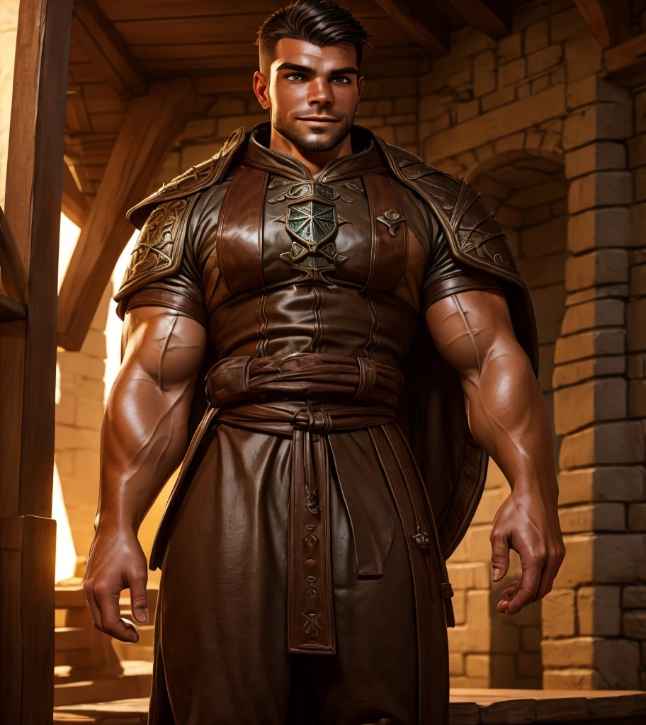 (((Solo character image.))) (((Generate a single character image.)))  (((Dressed in medieval fantasy attire.)))  (((Dressed in medieval fantasy attire.))) Cute guy. Hot guy.   (((Dressed in medieval fantasy attire.))) (((Has Italian and Greek ethnic features.)))  (((Bodybuilder physique.))) (((Strong baramanga influence.))) Looks like a fun-loving and heroic male adventurer for Dungeons & Dragons. Looks like a very attractive male adventurer for a high fantasy setting. Looks like a hot boyfriend. Looks like a handsome and rugged male adventurer for Dungeons & Dragons. Looks like a handsome male for a medieval fantasy setting. Looks like a Dungeons & Dragons adventurer, very cool and masculine hair style, black clothing, handsome, charming smile, adventurer, athletic build, excellent physique, confident, gorgeous face, gorgeous body,  detailed and intricate, fantasy setting,fantasy art, dungeons & dragons, fantasy adventurer, fantasy NPC, attractive male in his mid 20's, ultra detailed, epic masterpiece, ultra detailed, intricate details, digital art, unreal engine, 8k, ultra HD, centered image award winning, fantasy art concept, digital art, centered image, flirting with viewer, best quality:1.0,hyperealistic:1.0,photorealistic:1.0,madly detailed CG unity 8k wallpaper:1.0,masterpiece:1.3,madly detailed photo:1.2, hyper-realistic lifelike texture:1.4, picture-perfect:1.0,8k, HQ,best quality:1.0,