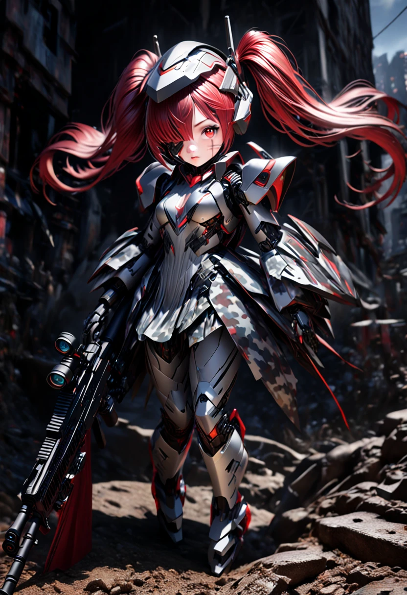 3D digital art from the fantasy world, 1girl, robot girl, red hair, twin tails, red eyes, white and gray camouflage clothing, she wearing flashy robot armor, (holding an urban camouflage long range rifle:1.5), a robot-like helmet on the head, scouter in one eye, the skin on half of the face has peeled off, the base of the cyborg is visible, face full of scars,(full body view),realistic and surreal depictions,High resolution, high precision images, 4k, 8k, best quality, hyper-detailed,  intricate details, cinematic lighting, dramatic colors, concept art style