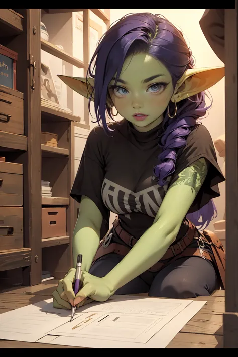((best quality)), ((masterpiece)), (detailed), goblin girl, (green skin), purple hair, sitting in wheelchair, playing dungeons a...