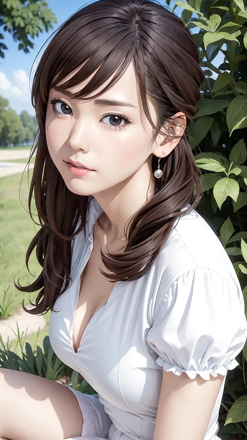 Girl in summer clothes, White blouse, Tight check pattern, As if I wanted to kiss you, (Girl crouching and looking at the camera), Medium chest, Cleavage, Random Background, Sexy expression, ((Very detailed)), (Perfectly detailed face), (Detailed and well-drawn hand) Photorealistic images.