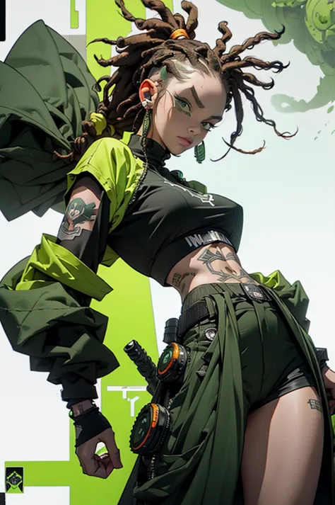 green: 1.5, orange: 1.1, white: 1.3, yellow: 1.3, (Rapper girl with dreadlocks), Post-apocalyptic world, tattoo, (powerpuff clot...