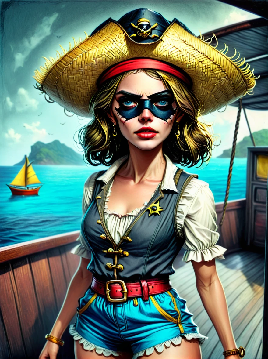 (whole body:1.3), 1 female captain, Wearing a straw hat, (Wearing a black eye mask), Rich expression, (gloomy), (Gothic horror), illustration, Red vest, Blue shorts, Yellow belt, Black sandals, (Strange), exaggerated, Caribbean Sea in the background，Boat deck，Dark theme elements, Pencil Sketch