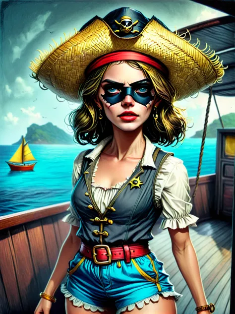 (whole body:1.3), 1 female captain, Wearing a straw hat, (Wearing a black eye mask), Rich expression, (gloomy), (Gothic horror),...