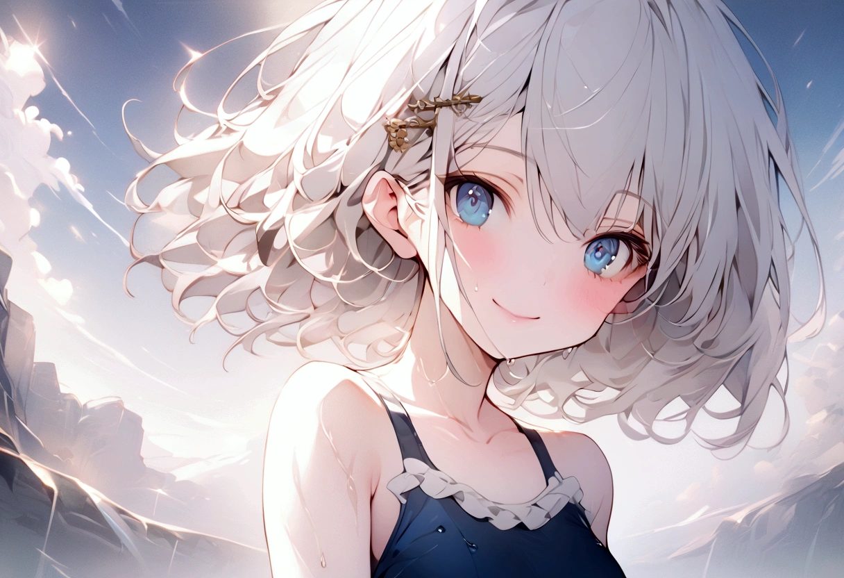 beautiful, masterpiece, Highest quality, anime, One girl, C Cup,Portrait Shot, View your viewers, Intricate details,>,((Covered、Short Hair、nearby、Blue Eyes、art、White hair,Blue streaked hair、wallpaper、hairpin、smile、silk_White frilly school swimsuit、Wet、whole body