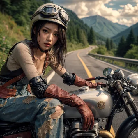 1950s, cafe racer, japanese woman, riders wear, beautiful face, torn pants, very intricate details, metallic paint, single road ...