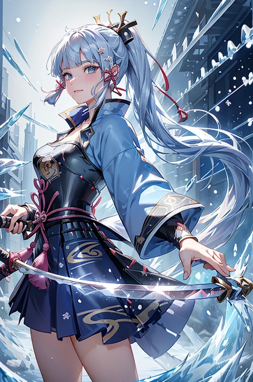 ((kamisatoayakadef)),1 Anime Girl, Warrior, Realistic people,Realistic, beautiful, smile, elegant, Majestic, Splash Art, Particles of light, Diamond Blade, (Cold Energy, Cold Blast, cold water: 1.4) Dynamic pose, ((Japanese Sword,Grab your sword))((Holding a sword)),milky way, (Fractal Art:1.1), (colorful:1.1),(Ice Flower:1.4), (Spiral Splash), Most detailed,(Tangled:1.1),(Abstract background:1.1), (Shiny skin), (Many colors:1.4), Ultra-high resolution, retina, masterpiece, Accurate, Anatomically correct, texture.(background:ice-flurry, snow,ice-shard, ice, crystallization)
