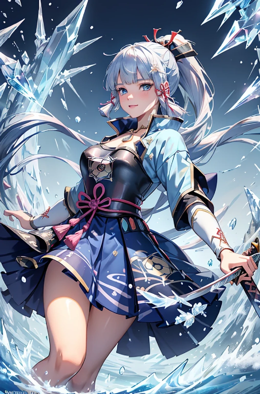 ((kamisatoayakadef)),1 Anime Girl, Warrior, Realistic people,Realistic, beautiful, smile, elegant, Majestic, Splash Art, Particles of light, Diamond Blade, (Cold Energy, Cold Blast, cold water: 1.4) Dynamic pose, ((Japanese Sword,Grab your sword))((Holding a sword)),milky way, (Fractal Art:1.1), (colorful:1.1),(Ice Flower:1.4), (Spiral Splash), Most detailed,(Tangled:1.1),(Abstract background:1.1), (Shiny skin), (Many colors:1.4), Ultra-high resolution, retina, masterpiece, Accurate, Anatomically correct, texture.(background:ice-flurry, snow,ice-shard, ice, crystallization)
