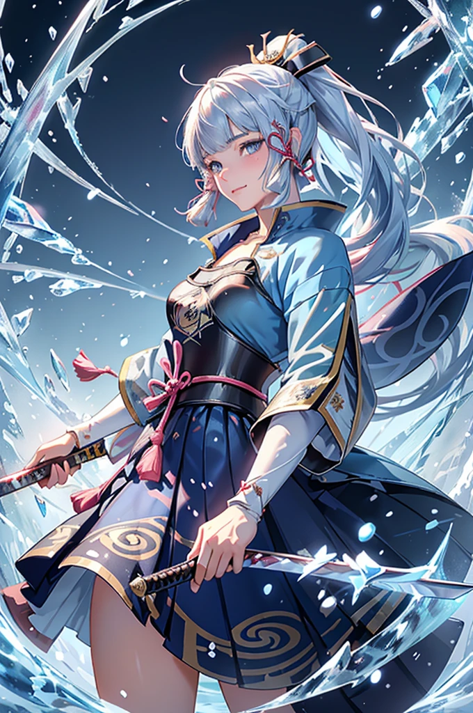 ((kamisatoayakadef)),1 Anime Girl, Warrior, Realistic people,Realistic, beautiful, smile, elegant, Majestic, Splash Art, Particles of light, Diamond Blade, (Cold Energy, Cold Blast, cold water: 1.4) Dynamic pose, ((Japanese Sword,Grab your sword))((Holding a sword)),milky way, (Fractal Art:1.1), (colorful:1.1),(iceの花:1.4), (Spiral Splash), Most detailed,(Tangled:1.1),(抽象的なbackground:1.1), (Shiny skin), (Many colors:1.4), Ultra-high resolution, retina, masterpiece, Accurate, Anatomically correct, texture.(background:ice-flurry, snow,ice-shard, ice, crystallization)
