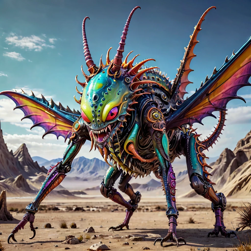 a small bizarre and strange looking part mechanical brightly coloured alien. Showing the entire, highly detailed body from the side. The entire picture is full of details.  Strange alien landscapes in the background. Big detailed wings and sharp teeth and fangs. a sharp abdominal stinger. tentacles and antennas and multiple eyes. long spiky legs. Scaley segmented body.  Hypnotic and telepathic and psychedelic looking. 