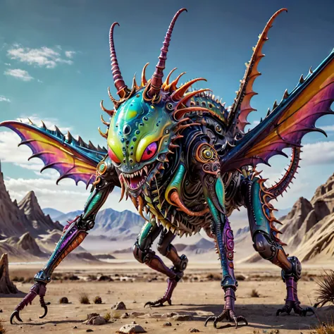 a small bizarre and strange looking part mechanical brightly coloured alien. Showing the entire, highly detailed body from the s...