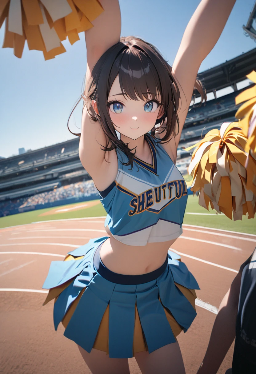 1girl, 18yo, Cheerleader, Pom-pom, dancing happily, blue sky, 8k, RAW photo, best quality, masterpiece, extremely detailed 8k wallpaper, ultra-detailed, best shadow, detailed background, beautiful detailed face, beautiful detailed eyes, nice hands, perfect hands