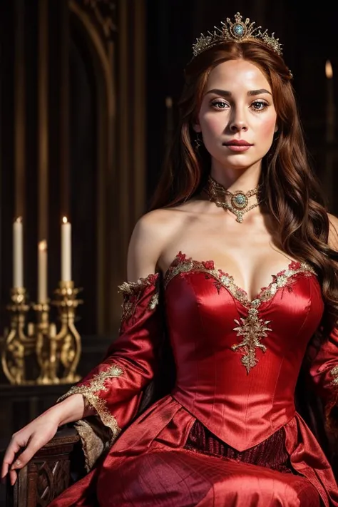 Giselle from Enchanted as a lady of House Targaryen and Queen of Westeros, full body, House Targaryen colors and aesthetic, roya...