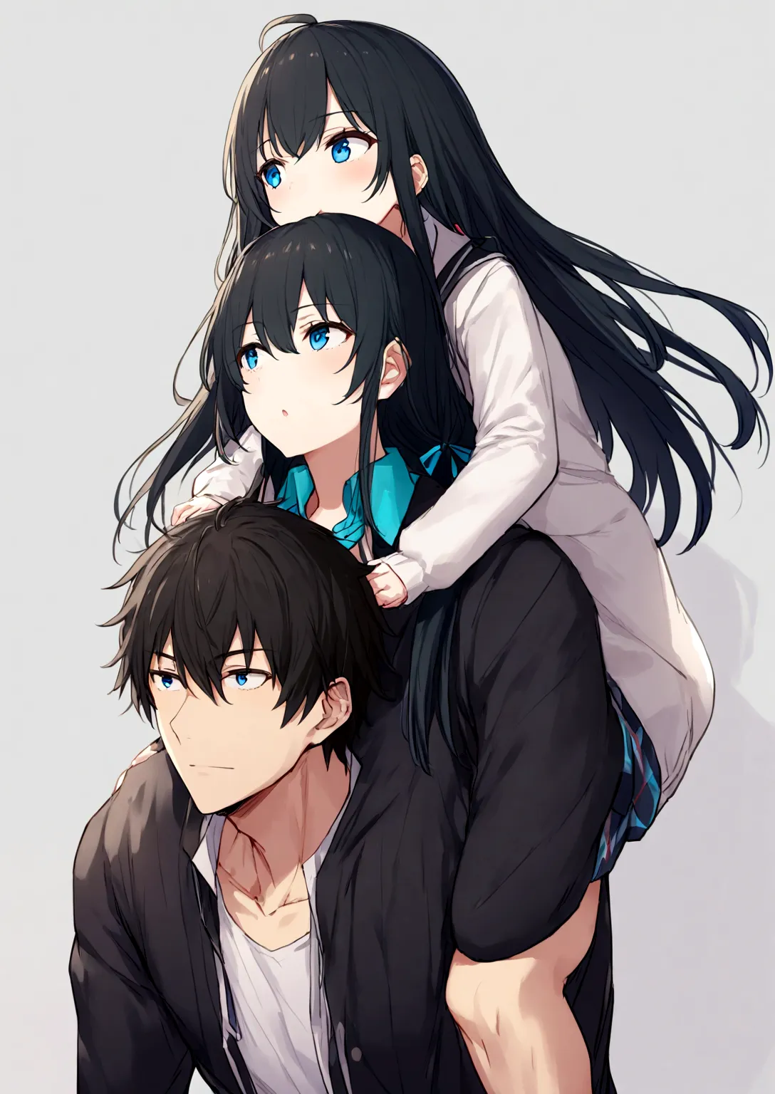 1 gril man giving  yukino yukinoshita  piggyback ride, yukinoshita yukino in the bottom blue eyes black long hair piggyback ride...