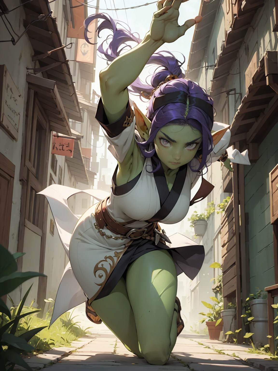 ((best quality)), ((masterpiece)), (detailed), goblin girl, (green skin), purple hair, sword dancer, wearing flowing white robes, action pose, dynamic pose, cinematic still