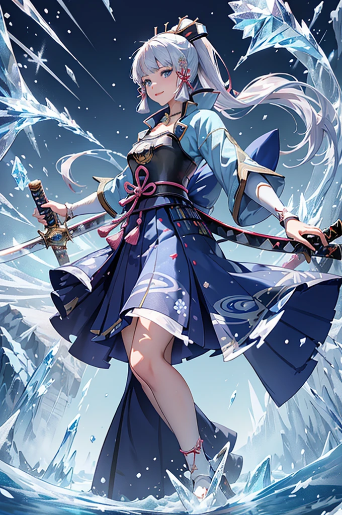 ((kamisatoayakadef)),1 Anime Girl, Warrior, Realistic people,Realistic, beautiful, smile, elegant, Majestic, Splash Art, Particles of light, Diamond Blade, (Cold Energy, Cold Blast, cold water: 1.4) Dynamic pose, ((Japanese Sword,Grab your sword))((Holding a sword)),milky way, (Fractal Art:1.1), (colorful:1.1),(iceの花:1.4), (Spiral Splash), Most detailed,(Tangled:1.1),(抽象的なbackground:1.1), (Shiny skin), (Many colors:1.4), Ultra-high resolution, retina, masterpiece, Accurate, Anatomically correct, texture.(background:ice-flurry, snow,ice-shard, ice, crystallization)
