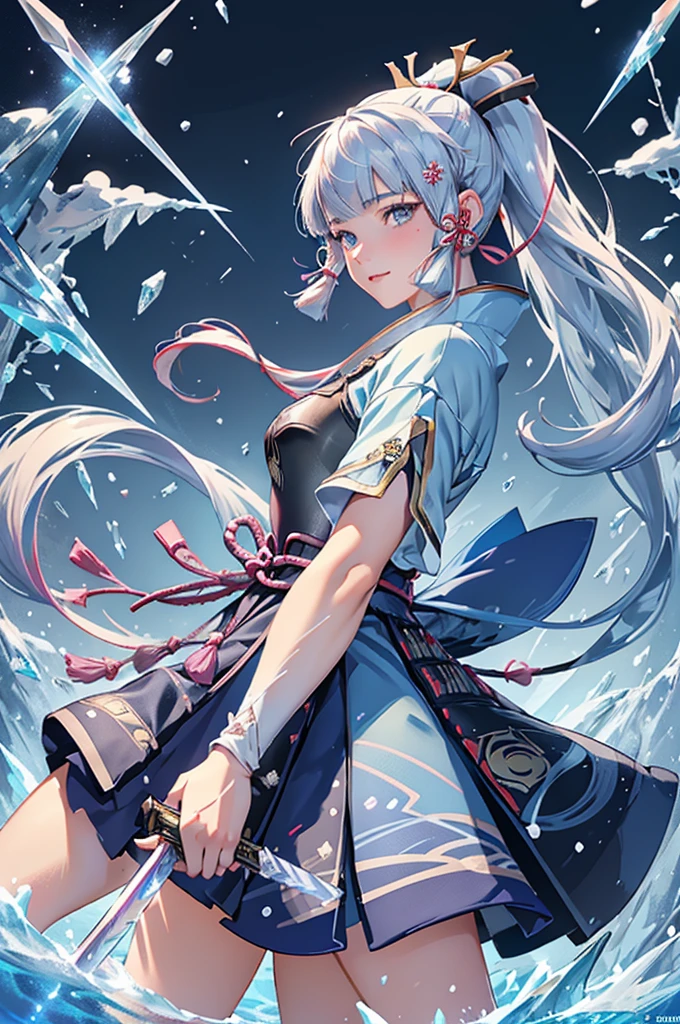 ((kamisatoayakadef)),1 Anime Girl, Warrior, Realistic people,Realistic, beautiful, smile, elegant, Majestic, Splash Art, Particles of light, Diamond Blade, (Cold Energy, Cold Blast, cold water: 1.4) Dynamic pose, ((Japanese Sword,Grab your sword))((Holding a sword)),milky way, (Fractal Art:1.1), (colorful:1.1),(iceの花:1.4), (Spiral Splash), Most detailed,(Tangled:1.1),(抽象的なbackground:1.1), (Shiny skin), (Many colors:1.4), Ultra-high resolution, retina, masterpiece, Accurate, Anatomically correct, texture.(background:ice-flurry, snow,ice-shard, ice, crystallization)
