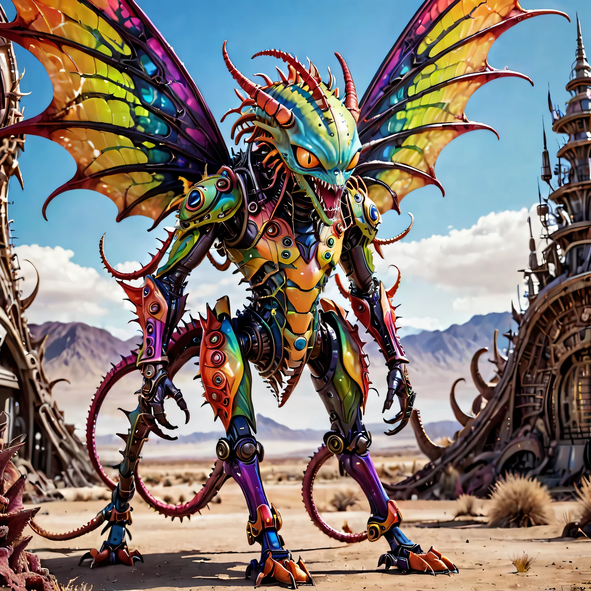 a small bizarre and strange looking part mechanical brightly coloured alien. Showing the entire, highly detailed body from the side. The entire picture is full of details.  Strange alien landscapes in the background. Big detailed wings and sharp teeth and fangs. a sharp abdominal stinger. tentacles and antennas and multiple eyes. long spiky legs. Scaley segmented body.  Hypnotic and telepathic and psychedelic looking. 